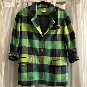 VINTAGE green and black plaid, wool blend blazer- size small